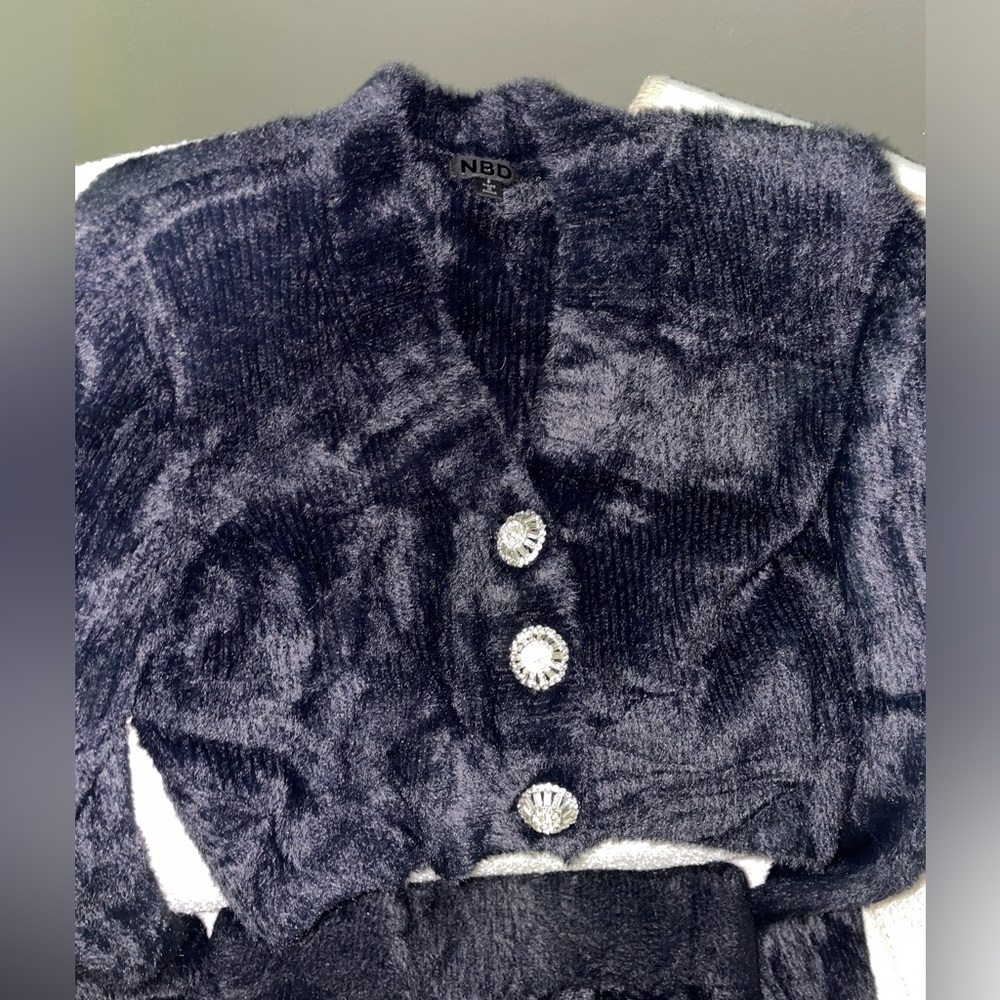 Revolve NBD Grace Fuzzy Cardigan Skirt Set Black - Picture 9 of 11